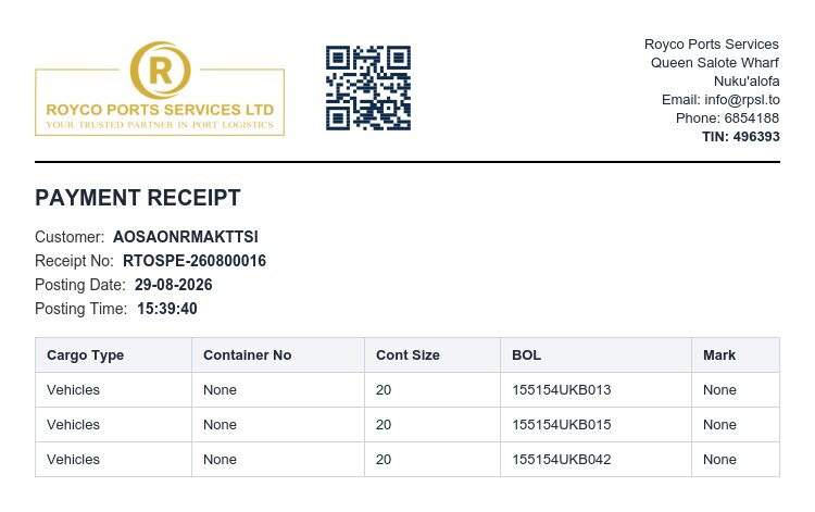 Sample RTOS payment receipt with a gate QR code